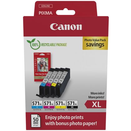 Canon CLI-571XL High Yield BK/C/M/Y Ink Cartridge + Photo Paper 
